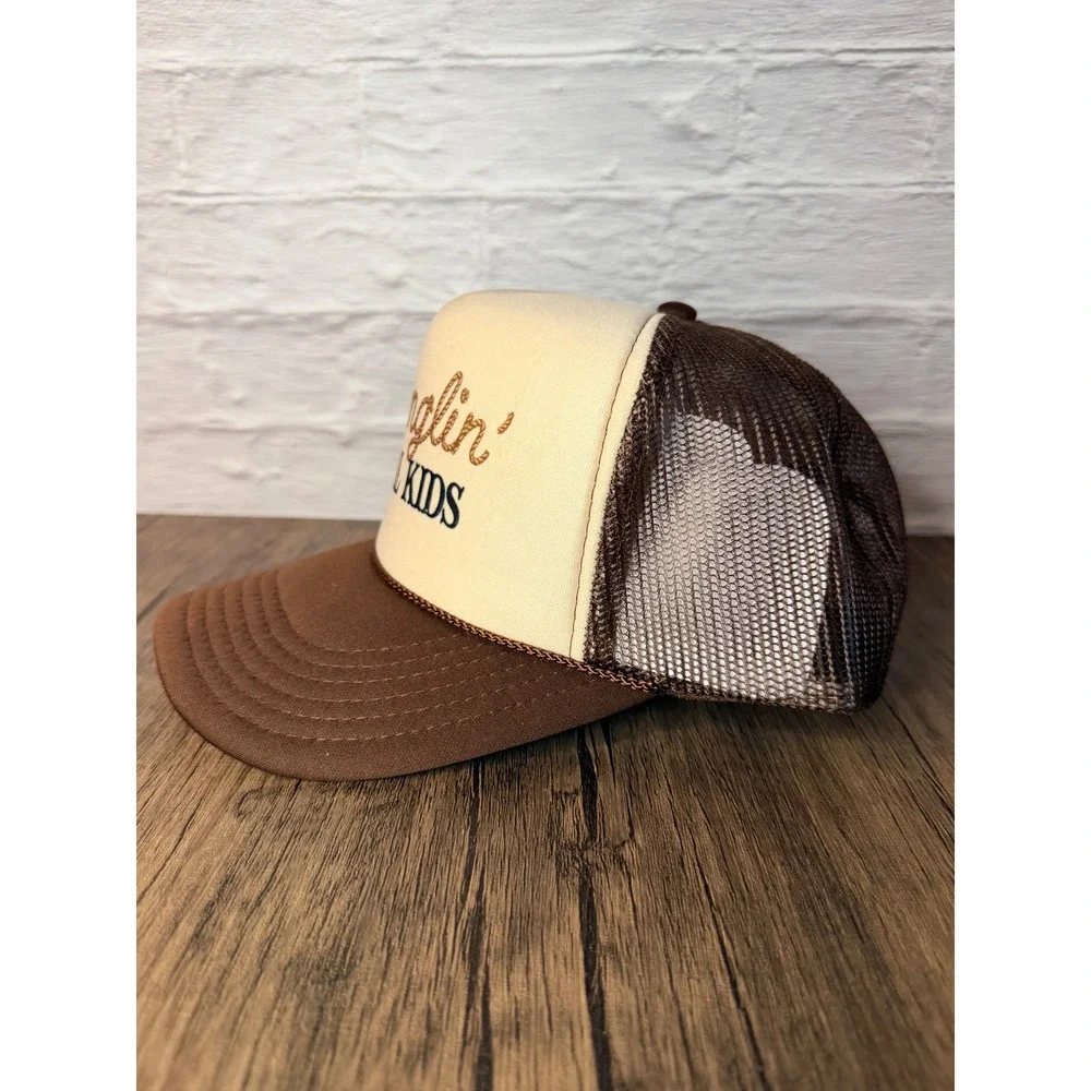 Wranglin Feral Kids Trucker Hat Brown Cream Mesh Snapback Western Baseball Cap